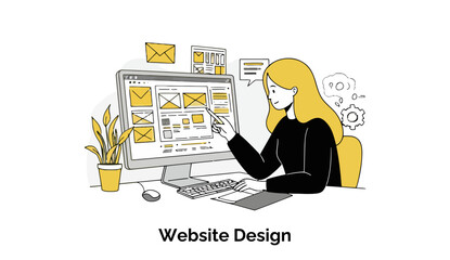 Poster - Young woman in casual office attire reviewing website design layout on a computer screen. Female web designer at work in a modern office space.