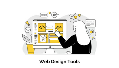 Poster - Female web designer reviewing web design tools on a computer screen in a modern workspace. Female web developer pointing at a webpage layout using design tools.