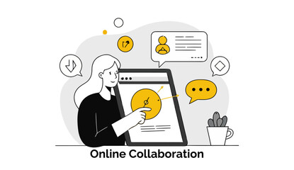 Poster - Female professional interacting with online collaboration platform in modern workspace. Engaged in online collaboration, featuring a tablet and various communication elements.
