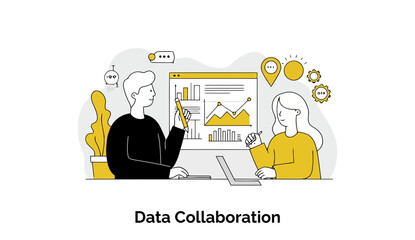 Poster - Data analysis collaboration between two young professionals in casual wear, presenting graphs and charts on a white board and laptop in a modern office setting.