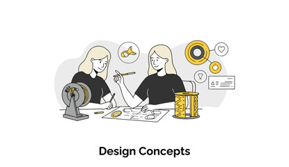Poster - Two female designers in black t-shirts collaborating on design concepts at a modern office space. They are discussing plans and sketching ideas at a table with design materials.