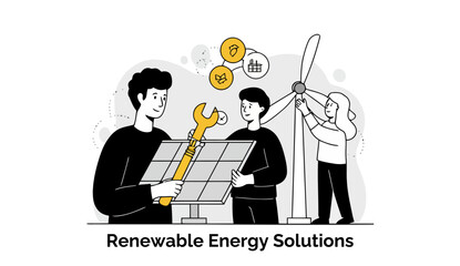 Poster - Young professionals in casual wear collaborate on renewable energy solutions in a modern office setting. They are working with solar panels and wind turbines, highlighting sustainable technology.