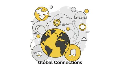 Poster - An abstract graphic visualization represents global connections, featuring a network of glowing lines and nodes spreading across a world map, symbolizing international business.