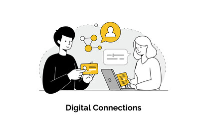 Poster - Young adults in casual attire, sharing digital documents at a modern office setting. Two colleagues collaborating on digital connections at a virtual meeting.
