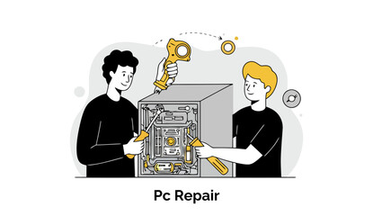 Poster - Two young, focused male technicians wearing matching black t-shirts are carefully working together to diagnose and repair the internal components of a desktop computer tower.