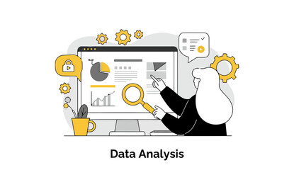 Poster - A female data analyst in a formal outfit examines data visualizations on a computer screen in a modern office setting. She is actively engaged in scrutinizing the data displayed on the monitor.
