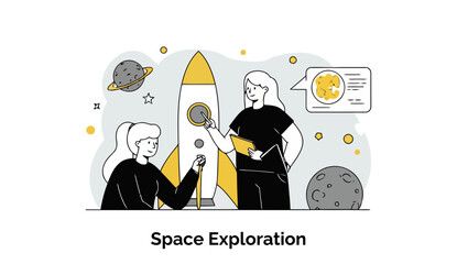 Poster - Young female scientists in casual clothing collaborating on a rocket project in a space exploration setting. Two women are discussing a space mission plan against a backdrop of a rocket and planets.
