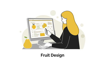Poster - A young woman in a black blazer, working from home, interacts with a computer screen displaying fruit design elements.