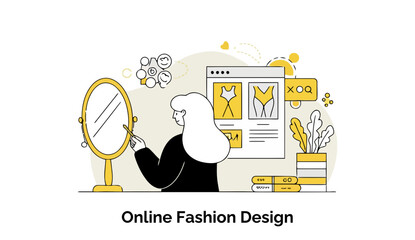 Poster - Female fashion designer in casual wear, reviewing online fashion design sketches and prototypes in a modern home office setting.