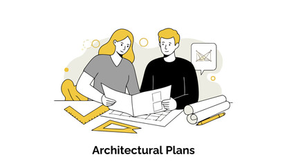 Poster - Two young adults, female and male, in casual clothing, reviewing architectural plans at a desk in an office setting. Focused collaboration of architects on a project in a modern office space.