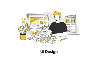 Poster - Young male UI designer in a black t-shirt, working on website mockups at a desk with multiple computer screens and design documents. Focused on design project at home office.