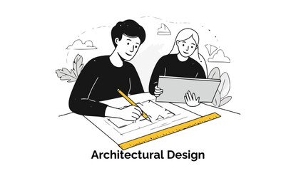 Poster - Two young architectural designers are working together, leaning over a large blueprint spread out on a desk in their office, pointing and discussing design details.