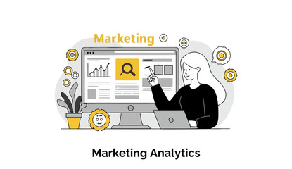 Poster - Young woman in a black sweater presenting marketing analytics on a computer screen in a modern office setting.