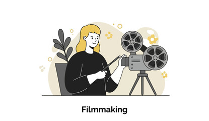 Poster - Young woman in black clothing operating a film projector in a creative studio setting. Female filmmaker working with equipment in a modern office/studio space.