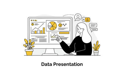 Poster - Female professional presenting data on a computer screen in an office setting. Woman pointing to data visualizations with colleagues interacting in the background.