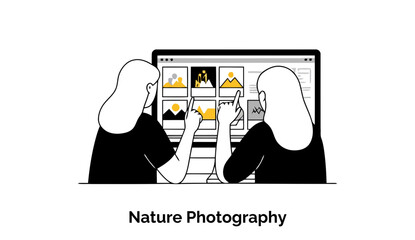 Poster - Two female professionals in black clothing are reviewing nature photographs on a computer screen in an office setting. They point at images with thoughtful expressions.