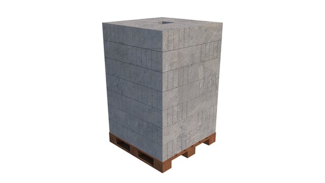 Rendered image of a neatly stacked bundle of 60cm x 20cm x 7.5cm lightweight bricks on a wooden pallet from an isometric view against a white set, defining construction materials, building supplies