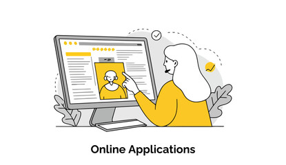 Poster - Female applicant reviewing online application details on computer screen. Woman pointing at profile on computer monitor in office setting.