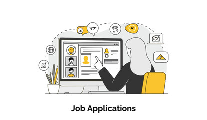 Poster - Female professional reviewing job applications on a computer in a modern office setting. A woman in a black business suit points at a computer screen with job applicant profiles.