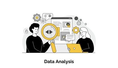 Poster - Young adults in casual clothing collaborate on data analysis project in a modern office setting. Two colleagues review data visualizations and reports.