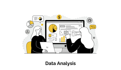 Poster - Female colleagues collaborating on data analysis presentation in a modern office setting. Two women in casual office wear pointing to a large display showing financial data.