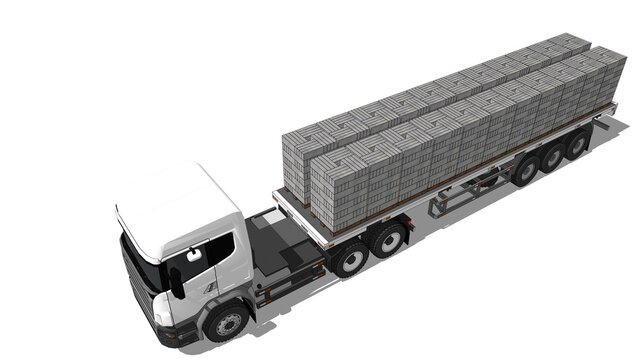 Rendered image of a white semi-truck pulling a flatbed trailer loaded with stacks of 60cm x 20cm x 10cm lightweight bricks, from an isometric view against a white set, defining construction transport