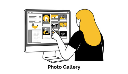 Poster - Young woman in casual black top reviewing photo gallery on computer monitor at home. Female graphic designer using digital photo editor in home office.