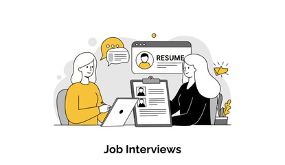 Poster - Job Interviewing process with a woman interviewer in a professional setting and a job candidate discussing a resume. Female HR professional and candidate engaged in interview at an office.