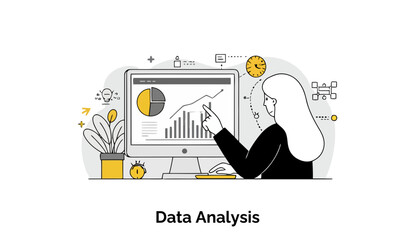Poster - Female data analyst reviewing data on a computer screen in an office setting. She points to a graph, illustrating her focus on analysis.