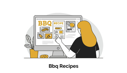 Poster - Young woman in casual black top reviewing BBQ recipes online at home. Female online food enthusiast browsing a computer screen with various BBQ recipe options, highlighting a particular selection.