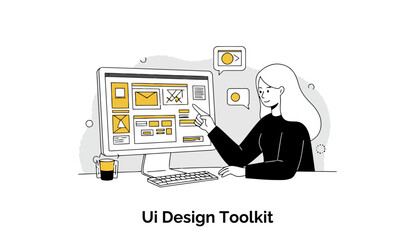 Poster - Female UI designer interacting with a computer screen displaying a user interface design toolkit in a home office setting. Woman pointing at elements on the screen in a contemporary, professional way.