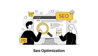 Poster - SEO Optimization illustration featuring two diverse professionals collaborating on a digital marketing strategy in a modern office environment.