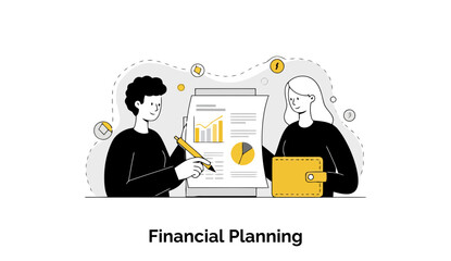 Poster - Two young adults, one male and one female, in casual black clothing, engaged in a financial planning discussion, reviewing financial documents and charts displayed on a board.