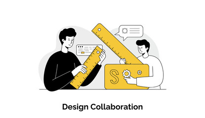 Poster - Young male graphic designers in casual wear collaborate on a design project at a modern office setting.