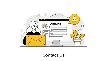 Poster - Young woman holding an envelope in front of a computer displaying a contact form. Friendly expression and focused posture, with a simple, modern office setting.