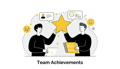 Poster - Team members celebrating an achievement, holding a star graphic. Two young professionals in casual attire, collaborating within a modern office setting.