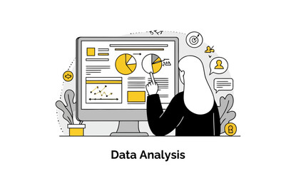 Poster - Female professional in business attire analyzing data on a computer screen in a modern office setting.