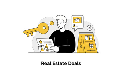 Poster - A young adult male real estate agent in a black shirt reviews real estate documents in an office setting. He is focused on paperwork related to property transactions.