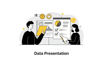 Poster - Two young professionals in casual clothing present data visualizations on a whiteboard in a modern office setting. They are engaged in a collaborative data presentation.