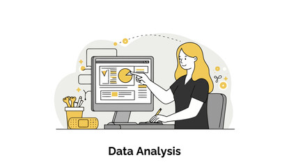 Poster - Female data analyst in casual attire pointing at a computer screen displaying data visualizations in an office setting.