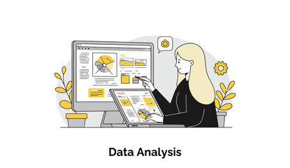 Poster - A young woman in business attire analyzes data on a computer screen, highlighting information with a stylus. A professional data analyst working in a modern office environment.