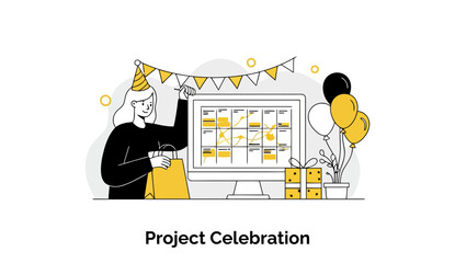 Poster - A young woman in a black top celebrates a project's completion, holding party supplies, at a computer displaying project management software in an office setting.