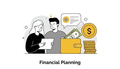 Poster - Young adult couple discussing financial planning documents in a modern office setting. They collaborate with paperwork and money to improve financial well-being at a local office.