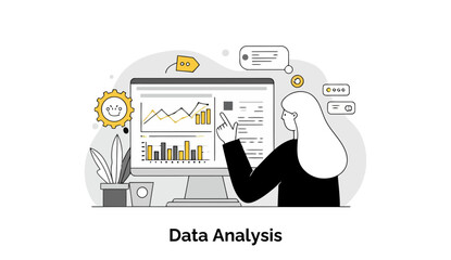 Poster - Female professional analyzing data on computer screen in office setting. Focused on screen, pointing at data graphs with casual office background.