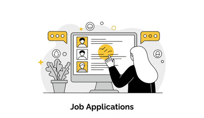 Poster - Female professional reviewing job applications on a computer screen in a modern office setting. Woman in business attire reviewing job candidate profiles with a focus on a specific application.