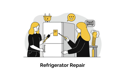Poster - Female technicians inspecting a malfunctioning refrigerator in a professional repair setting. Two young women, in casual work attire, are examining the refrigerator in a home or apartment environment.