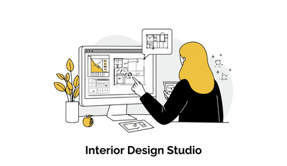 Poster - A focused female interior designer is working at her computer in a stylish design studio, carefully reviewing digital floor plans and 3D renderings for a client's home.