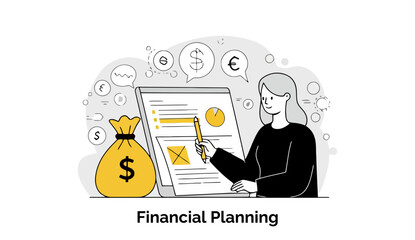 Poster - Female financial advisor analyzing financial documents at a modern office. Woman in black top reviewing financial planning charts at a whiteboard.