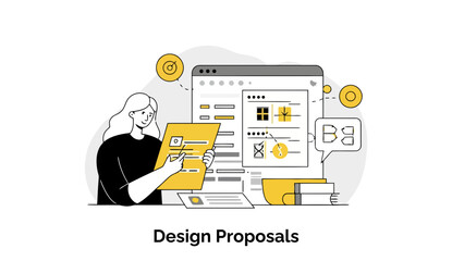 Poster - Female graphic designer reviewing design proposals at a digital workstation. A young woman in a black shirt examines design documents on a computer screen showcasing diverse project concepts.