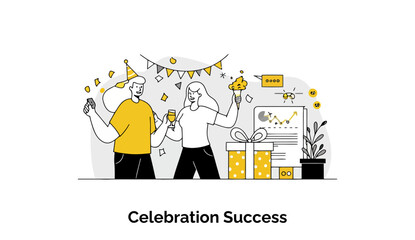 Poster - A joyful team of diverse colleagues is gathered in a decorated office, raising their glasses in a toast and applauding to celebrate achieving a major company milestone together.